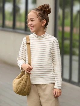 Детская теплая водолазка-гольф в полоску для девочки UNIQLO 270507880 104 см Бежевая (1159830120)