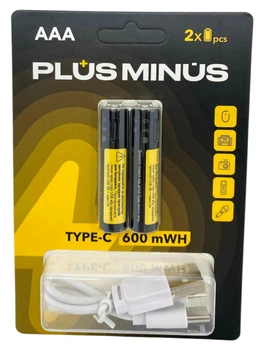 Аккумуляторные батарейки AAA PLUS MINUS, Type-C, 600 mAh, 2 шт - микропальчиковые аккумуляторы с кабелем для игрушек и пультов