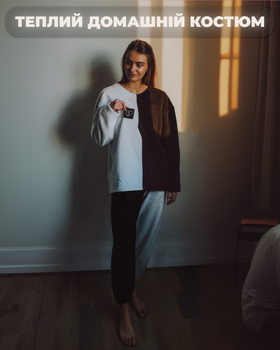 Женская флисовая теплая пижама бело-черная oversize домашний костюм зимний для дома оверсайз с закреплением рукавов одежда женская на девушек с длинным рукавом и штанами махровая (флис) + 1 ПАТЧ на выбор Selerity pn02wb Білий+Чорний L/XL (999730)