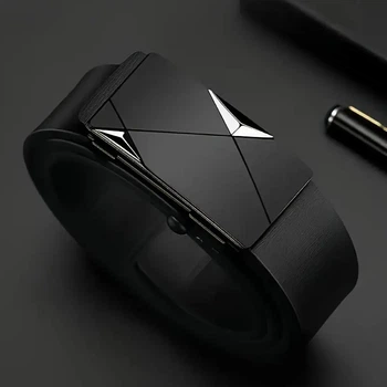 Мужской ремень с автоматической пряжкой Black / брючный пояс для мужчин, 118 см, черный с серебристым (117776789)