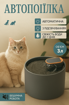 Автопоилка для кошек и собак, 3л / Бесшумный фонтанчик с фильтрацией и USB-питанием