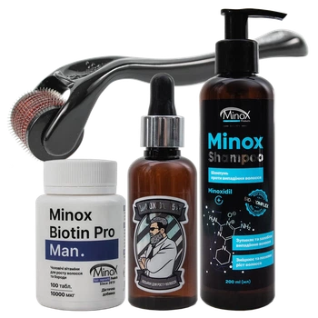 Комплекс для роста волос и бороды максимальный Minox Extra Strong Big (Шампунь 200 мл, Лосьон 50 мл, Витамины 100 таб, Мезороллер)