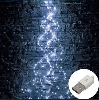 Гірлянда кінський хвіст роса 400 LED 2 м, 20 ниток, срібний дріт, від usb, колір свічення білий