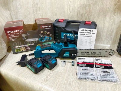 Аккумуляторная цепная мини пила в кейсе Krafftec KT/BCHS 52В 6Ач шина 30 см с автоматической смазкой , безщеточная + 3 цепи (457778)