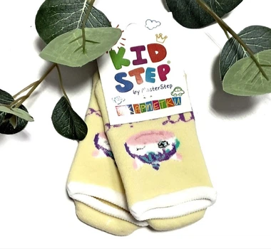 Дитячі махрові укорочені шкарпетки для дівчинки зі стопіками KidStep на 14-16 см (23-25 розмір) Єдиноріг Жовтий/ Білий