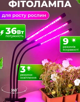Фитолампа для роста растений 3 режима освещения на прищепке для комнатных цветов, рассады, орхидей на 3 лампы