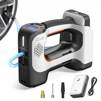 Аккумуляторный компрессор Litheli с фонарем, питание от павербанка (УМБ Litheli Power Bank 10000 mAh, 45W, 2А в комплекте)