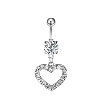 Серьга для пирсинга пупка с подвеской сердце с белыми фианитами Liresmina Jewelry нержавеющая сталь