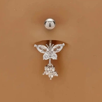 Серьга для пирсинга пупка с белыми камнями цветка и бабочки Liresmina Jewelry нержавеющая сталь 2.7 см
