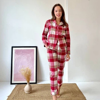 Пижама (рубашка+штаны) женская теплая Фланель XL Клетка красная с розовым Cosy F61P