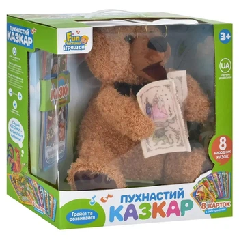 Детская мягкая интерактивная игрушка Мишка Сказочник, плюшевый мишка для детей, карточки с сказками, подвижный ротик, кнопки на лапках, 15 аудиосказок на украинском языке