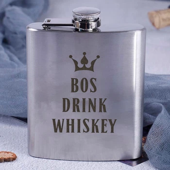 Фляга сталева "Bos drink whiskey", англійська, Дерев'яна подарункова коробка з гравіюванням, 210 мл