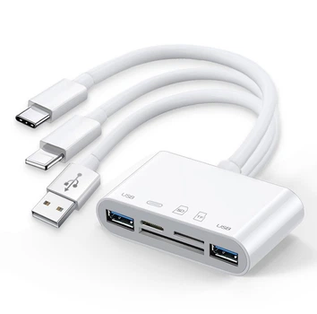 OTG адаптер переходник картридер Lightning / 2USB / SD / TF to USB / Lightning / Type-C, White