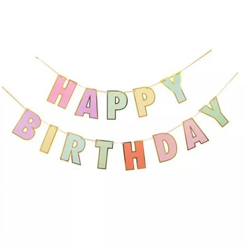 Прапорці Паперові Макарун HAPPY BIRTHDAY З Золотою Облямівкою