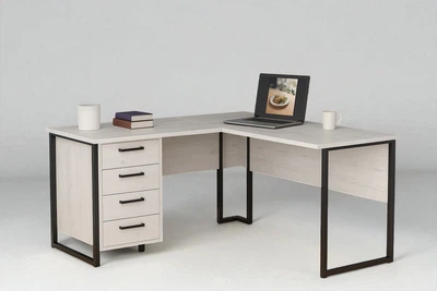 Стол угловой офисный Tobi Sho LOFT Iceberg СУЛА/2-1 с 4 ящиками столешница 18 мм, 1400х1400х750 Дуб крафт белый