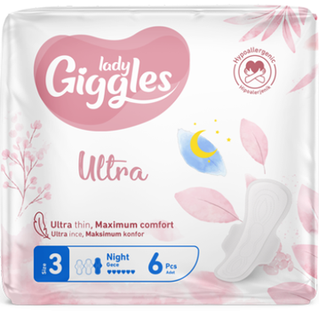Гигиенические прокладки Giggles Lady Ultra Night 3 с крыл. 6 шт 6 капель