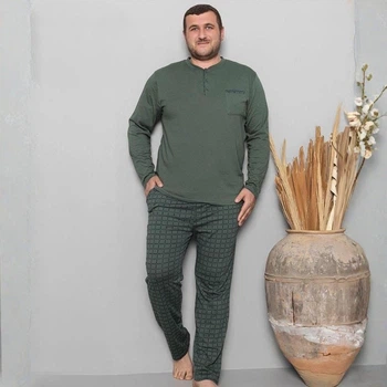 Пижама (кофта+штаны) мужская хлопковая Трикотаж 4XL хаки Клетка Cameron Premium PIJAMONI PJ6720-7