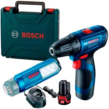 Аккумуляторный шуруповерт Bosch Professional GSR 120-LI + фонарик GLI 12V-300 + 2 акб GBA 12V 2Ah + з/у GAL1210CV + чемодан (06019G8004)