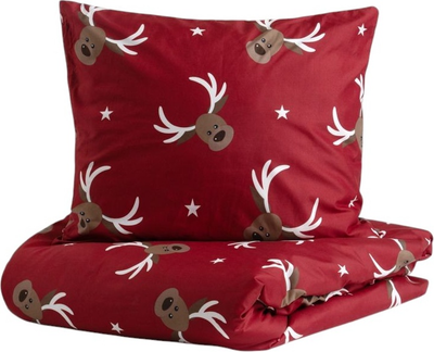 Komplet pościeli Homla Reindeer 160 x 200 cm + 2 poszewki na poduszki 50 x 60 cm z mikrofibry w renifery Czerwony (5904183806655)