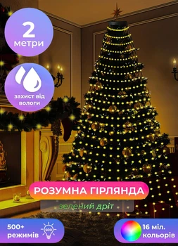 Смарт RGB гирлянда роса для елки с кольцом для новогоднего декора usb Smart Lights RGB Bluetooth пульт светодиодная ргб разноцветная юсб штора конский хвост с управлением через смартфон высота 2 метра 200 Led