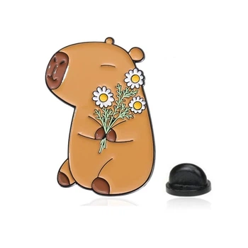 Значок (пин) BROCHE брошь бижутерия Животные Капибара с букетом коричневый BRGV114579