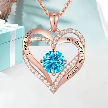 Женское ожерелье Heart Love золотое с голубым цирконием