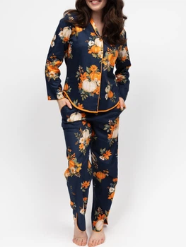 Піжама жіноча Cyberjammies Auburn 5075-5076 мʼякий фемелі комплект з натуральної тканини для сну і дому 6/XXS Синій з гарбузовим принтом (5051877608320)