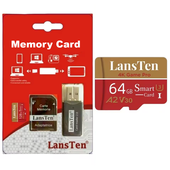 Карта памяти TF microSD LansTen U1 V30 Class 10 на 64GB с адаптером и кардридером