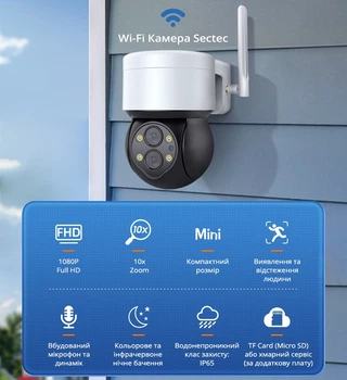 Уличная/внутренняя панорамная проводная IP камера видеонаблюдения Sectec Wi-Fi 2MP 1080P с удаленным доступом, поворотная 355°/90°, цветное ночное видение, обнаружение движения, водонепроницаемая