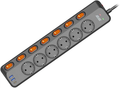 Сетевой фильтр-удлинитель 2E SP6M3 3м, 6xТипF, 16A, 2xUSB-A, 1x USB-C Черный (2E-SP6M3SWBK)