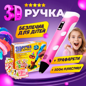 3Д ручка для детей с дисплеем рисование и творчество 3D pen + 100м разноцветного пластика в подарок + трафарет Розовая