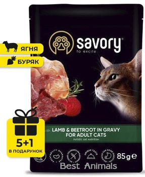 Влажный корм для кошек Savory Сейвори с ягненком и свеклой в соусе пауч 85 г 5+1 шт (4820261920123)