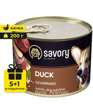 Вологий корм з качкою Savory Сейворі консерва для собак 200 г 5+1 шт (4820232630464)