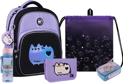 Набір 5 в 1 Рюкзак шкільний напівкаркасний YES Pusheen Shiny S-91 + пенал + сумка + пляшка+ ланч