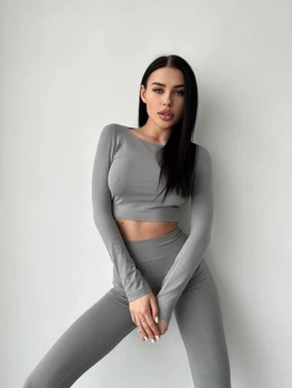Женский кроп-топ с длинным рукавом из эластичной микрофибры Domino DOM305/13 L/XL серый