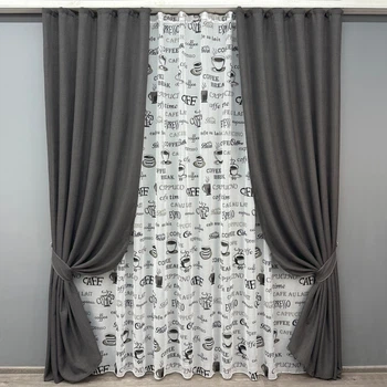 Комплект штор VR-Textil Лен Мешковина 100х270 2шт и Тюль 300х270 1140ш-1791т Графитовый с белым 71-064/1