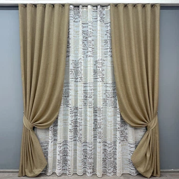 Комплект штор VR-Textil Лен Мешковина 100х270 2шт и Тюль 300х270 673ш-1790т Капучино с белым 71-063/1