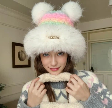 Шапка с помпонами и мехом радужная one size