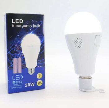 Акумуляторна світлодіодна LED лампочка E27 на 20 Вт аварійний LED світильник лампа з акумуляторами + гачок у комплекті (2 акумулятори)