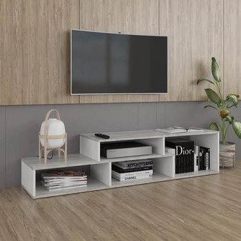 ТВ-тумба открыта 1696х398х386 мм. Стеллаж под телевизор Бетон+Белый