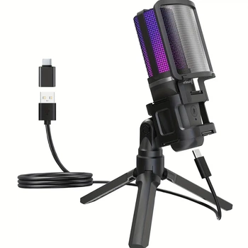 USB-микрофон ZealSound A68 с RGB-подсветкой | Конденсаторный студийный микрофон для стримов, игр и подкастов | Plug & Play, шумоз