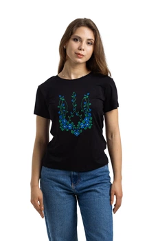 Жіноча футболка із вишивкою Барвінок Folk Moda L Чорний (barvnok-trizub-284711151)