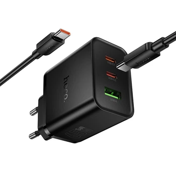 Зарядное устройство с быстрой зарядкой 65W и кабелем Type-C to Type-C HOCO N75 2Type-C + 1USB Черное