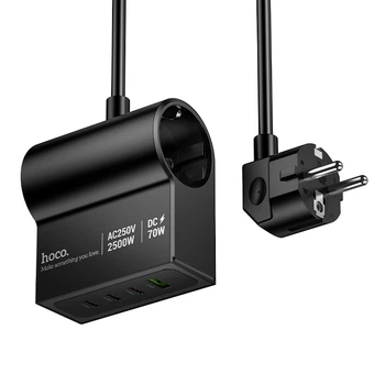 Удлинитель сетевой переноски 1.5м на 2 розетки + 1USB + 3Type-C HOCO AC34 PD70W, EU,GER Черный