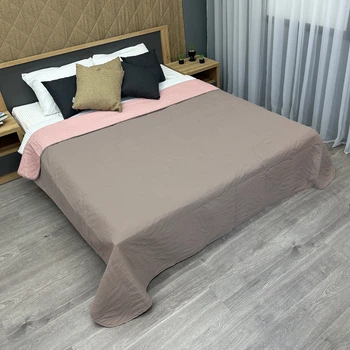 Покрывало двустороннее Decorator Microfiber листья 210х215 см какао с розовым (85-198)