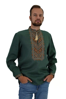 Вишиванка чоловіча із лляного полотна Бажан Folk Moda 5XL Темно-зелений (bazhan-251711172)