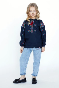 Дитяча лляна вишиванка для дівчинки Folk Moda 122 Темно-синій (7702-213511171)