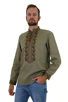 Вишиванка чоловіча із лляного полотна Дуб Folk Moda 4XL Хакі (dub-253911168)