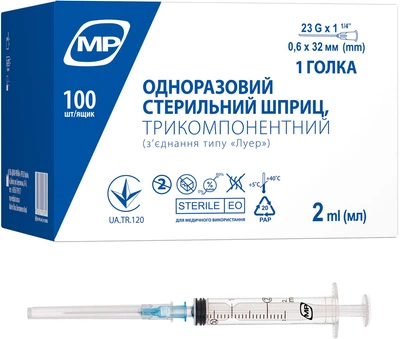 Шприц MedPlast трехкомпонентный 2 мл 23Gх1 1/4 0.6х32 (7640162323765) №100