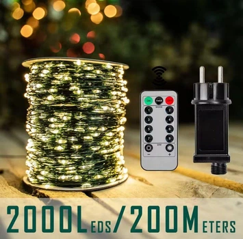 Гирлянда 200 метров 2000 Led нитка капля роса с пультом Sofi3D тёплый белый цвет светодиодная в катушке на зелёном проводе жёлтая для декора в комнату на окно на ёлку на стол гирлянду 2025 200m-ww-gr
